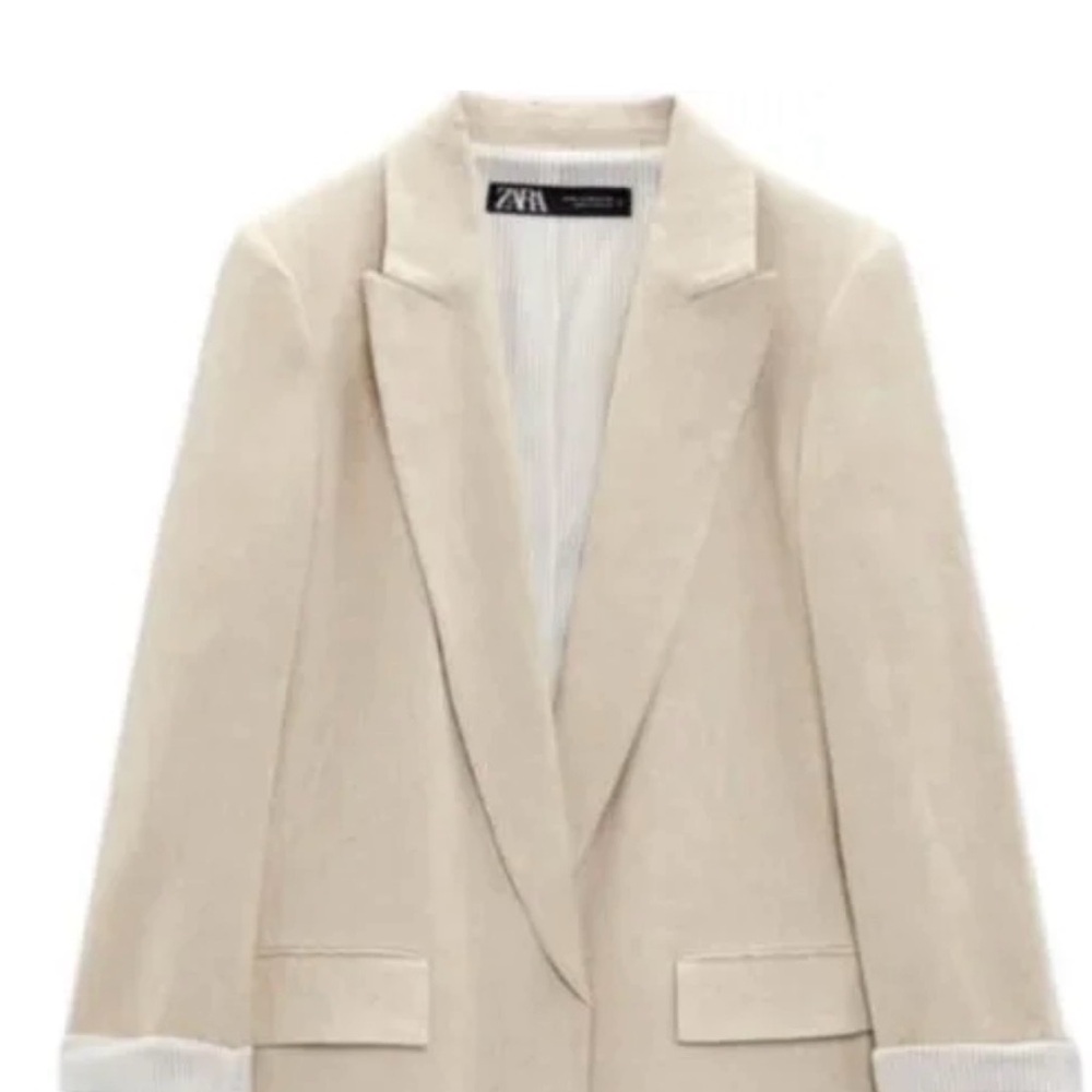 ZARA PRINTED CUFF LINEN BLEND BLAZER NATURAL